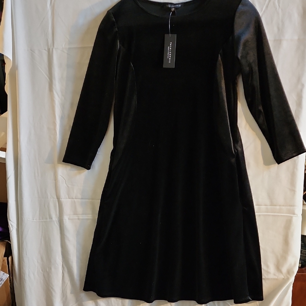 Tash & Sophie Size XS. Black Stretch Velour Dress With Pockets.